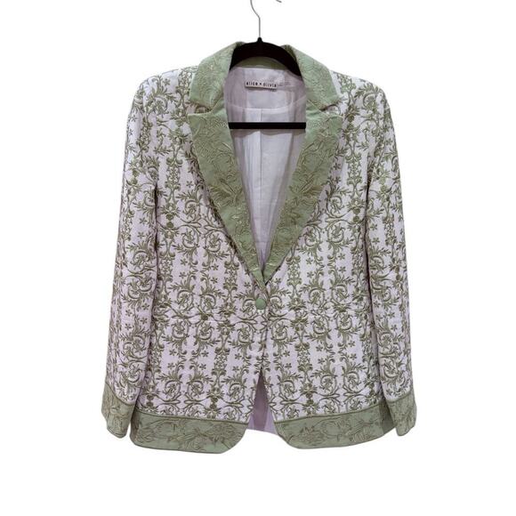 Alice + Olivia Macey Embroidered Cotton Linen Blazer Republic Geo Green Size 2 - Picture 4 of 16